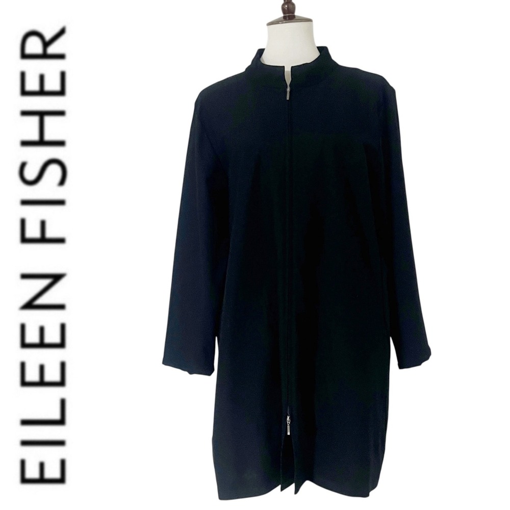 Eileen Fisher Black Crepe Knit Two-Way Zipper Longline Jacket Size XL